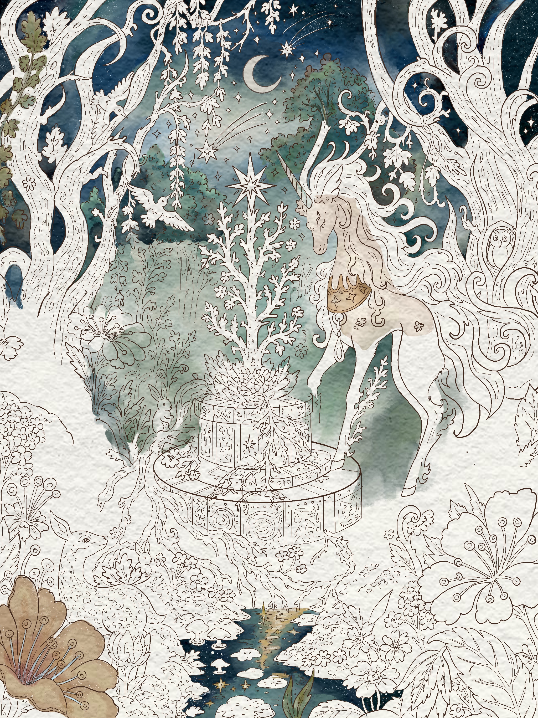 Digital work in progress with unicorn, forest, flowers, and moonlit scene